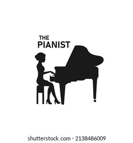 Pianist playing piano simple black vector silhouette illustration.