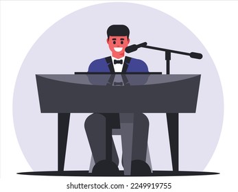 Pianist plays the piano and sings a song. Talented Artist Performing on Scene. Vector graphics