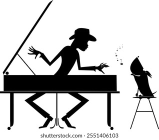 Pianist plays piano and sings together with a dog. Pianist plays piano and the dog howls. Original silhouette. Black on white illustration	