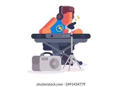 Pianist Recording Music. Vector illustration of a pianist playing and singing in a studio with headphones and microphone.