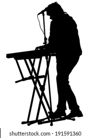 Pianist of rock band on a white background