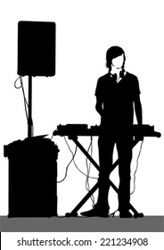 Pianist of rock band on a white background