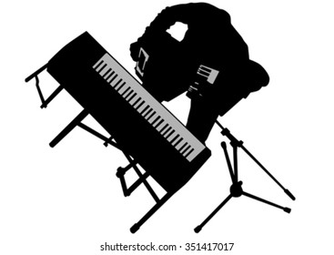 Pianist of rock band on a white background