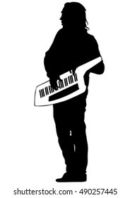 Pianist of rock band on a white background