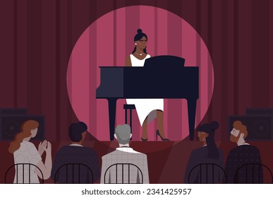 Pianist at scene concept. Woman at white dress plays piano and performs at stage. Musical performance and show, jazz and classical music. Creativity and art. Cartoon flat vector illustration