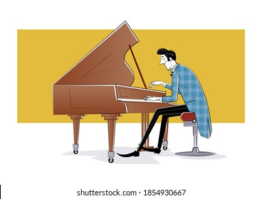 El pianista se sienta en el piano y toca música. Ilustración de esbozo