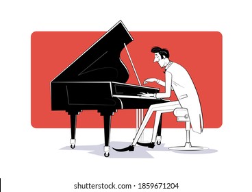 Pianist sits at the piano and plays music. Sketch illustration