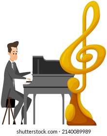 Pianist sitting at piano in black attire, hand over keys. Artist performing, making live music. Man plays musical instrument during concert. Male character performs song on piano near gold treble clef