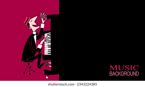 Pianist sitting and playing old classic grand piano on two color, purple and black, background, music background.