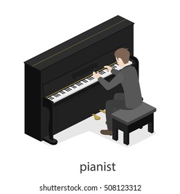 Pianist solo male piano accompaniment flat 3d web isometric infographic concept vector
