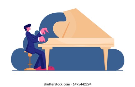 Pianist Wearing Concert Costume Playing Musical Composition on Grand Piano for Symphonic Orchestra or Opera Performance on Stage. Talented Artist Performing on Scene. Cartoon Flat Vector Illustration