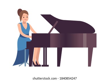 Pianist woman. Classical female singer and musician character in blue dress with black piano plays melody, acoustic music show entertainment and hobby concept flat vector cartoon isolated illustration