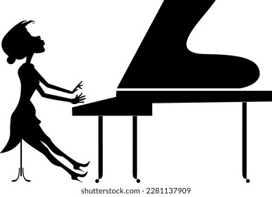Pianist woman, piano. Art silhouette. 
Woman playing piano with inspiration. Black silhouette on white background
