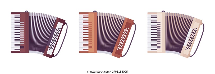 Piano accordion, musical instrument for performances of classical, jazz music. Song accompaniment, entertainment. Vector flat style cartoon illustration isolated on white background, different colors