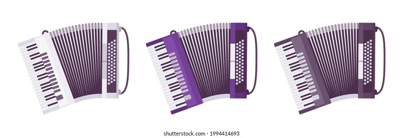 Piano accordion, musical instrument for performances of classical, jazz music. Song accompaniment, entertainment. Vector flat style cartoon illustration isolated on white background, different colors