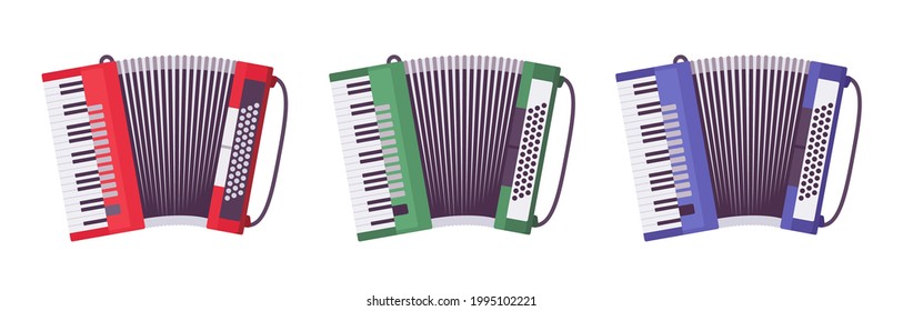 Piano accordion, musical instrument for performances of classical, jazz music. Song accompaniment, entertainment. Vector flat style cartoon illustration isolated on white background, different colors