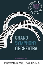 Piano arches keyboard, festival poster, media banner with the words Musical seasons, grand symphonic orchestra. Vector illustration digital design.