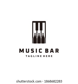 Piano bar creative symbol concept. Wine bottle and music restaurant logo design template.
