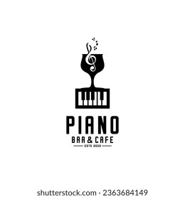 piano bar logo, vector of a glass of wine on a piano keyboard decorated with musical instruments