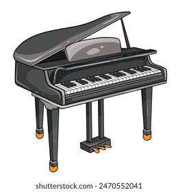 piano. The piano is black, with the lid open, revealing the white and black keys. It stands on three legs with golden-colored casters at the bottom. The image evokes a sense of elegance and musicality