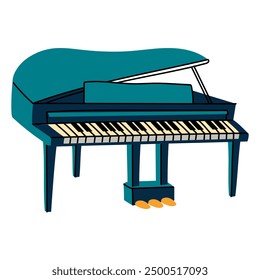 Piano is blue with an open lid in a colored flat style. Acoustic and keyboard musical instrument. Solo, folk and jazz performance. Flat vector illustration highlighted on a white background