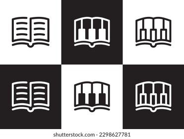 piano and book logo design. music learning linear style symbol vector illustration.