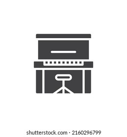 Piano with chair vector icon. filled flat sign for mobile concept and web design. Grand piano glyph icon. Symbol, logo illustration. Vector graphics