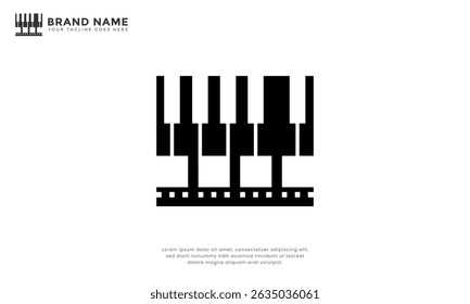 Piano Cinema Logo. Modern logo combination filmstrip with piano keys, ideal for music schools, film scoring, or entertainment companies