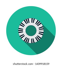 Piano Circle Keyboard Icon. Flat Circle Stencil Design With Long Shadow. Vector Illustration.