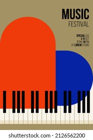 Piano concert and music festival poster modern vintage retro style. Graphic design template can be used for background, backdrop, banner, brochure, leaflet, flyer, print, vector illustration