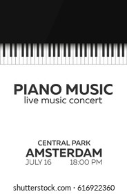 Piano concert poster design. Live music concert. Piano keys. Vector illustration
