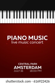 Piano concert poster design. Live music concert. Piano keys. Vector illustration