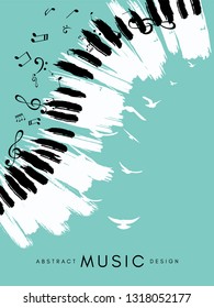 Piano concert poster. Music conceptual illustration. Abstract style blue background with hand drawn piano keyboard, flying notes and birds