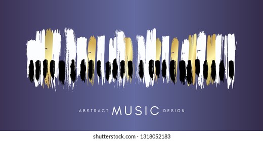 Piano concert poster. Music conceptual illustration. Abstract style violet background with hand drawn white and golden piano keyboard.