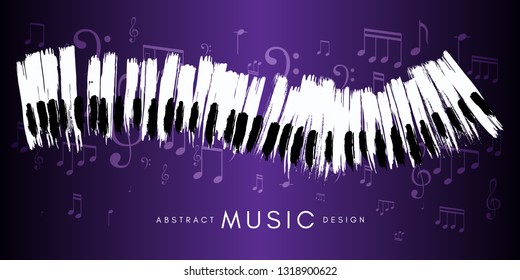 Piano concert poster. Music conceptual illustration. Abstract style violet background with hand drawn piano keyboard and flying notes.