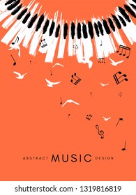 Afiche del concierto de piano. Ilustración conceptual musical. Fondo de coral de estilo abstracto con teclado de piano dibujado a mano y notas voladoras y pájaros.