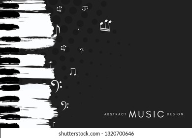 Afiche del concierto de piano. Ilustración conceptual musical. Fondo negro de estilo abstracto con teclado y notas de piano dibujadas a mano.