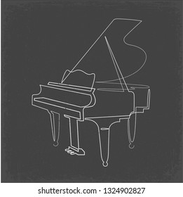 Piano continuous one line vector drawing. Pianoforte hand drawn silhouette clipart. Acoustic musical instrument sketch. Grand piano minimalistic contour illustration. Isolated linear design element