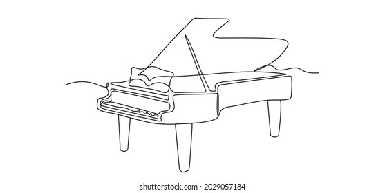 Piano continuous one line vector drawing. Pianoforte hand drawn silhouette clipart. Acoustic musical instrument sketch. Grand piano minimalistic contour illustration. Isolated linear design element