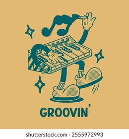 Piano cute retro cartoon vector hand drawn