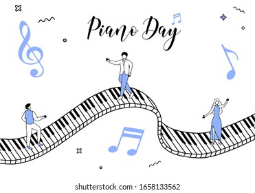 Piano Day cartoon hand drawn style flat vector design illustrations. Concept of people walk on piano keys with Music Icon, Audio sound media musical Design Elements From Music Staff and Note symbol.