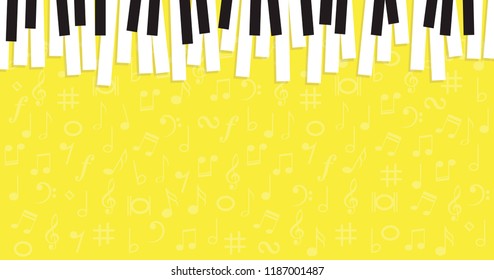 Piano day, keyboard and keys. Musical symbol icon for staff and music note transparent background wave banner. Disco love heart sound notes. Fun vector sign pattern. 