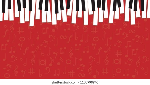 Piano day, keyboard and keys. Musical symbol icon for staff and music note. Background wave banner. Disco love heart sound notes. Fun vector sign pattern. 