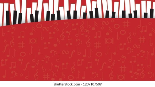 Piano day, keyboard and keys. Musical symbol icon for staff and music note. Background wave banner. Disco love heart sound notes. Fun vector sign pattern. 