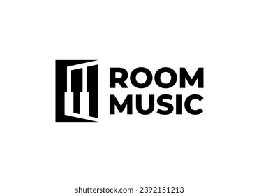 piano with door combination logo design, open room music symbol vector illustration