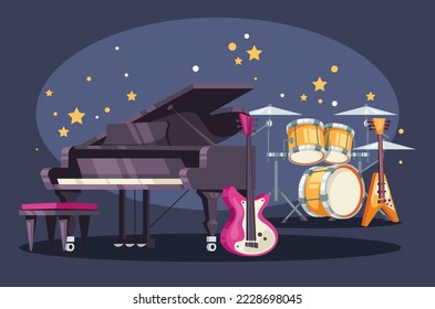 Piano drum microphone guitar musical instruments on stage concept. Vector graphic design illustration element