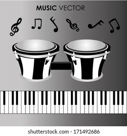 a piano and drums with some notes and text