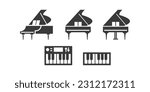 Piano flat web icon set. Grand piano, keyboard, synthesizer logo design. Keyboard instrument simple grand piano sign silhouette solid black icon vector design. Musical instruments concept