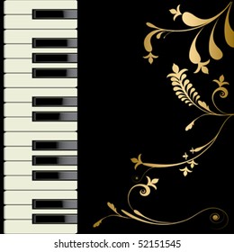 Piano and flower decorate on black background.