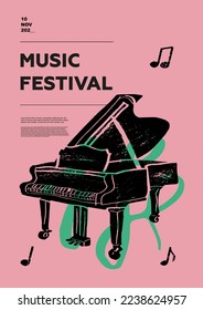 Piano, folk. Afiche del festival de música. Instrumentos musicales de cuerda. Competencia. Un conjunto de ilustraciones vectoriales. Diseño minimalista. Cartel, volante, portada, impresión.